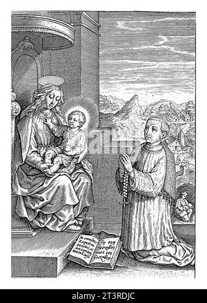 Tommaso a Kempis inginocchiato davanti a Maria con il bambino di Cristo, Hieronymus Wierix, 1617 Tommaso a Kempis inginocchiato in adorazione davanti a Maria e al Cristo C. Foto Stock