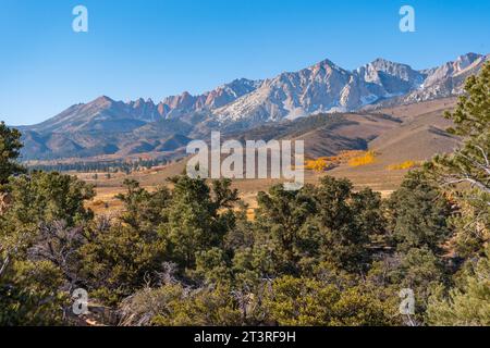 Vista della Buttermilk Country ai piedi delle montagne della Sierra Nevada fuori Bishop, California. Masso grande, fogliame giallo autunnale e sno Foto Stock