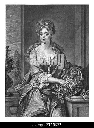 Ritratto di Maria Carlotta Cirksena della Frisia Orientale, Pieter Schenk (i), 1670 - 1713 Maria Carlotta Cirksena, Principessa della Frisia Orientale con un cesto Foto Stock