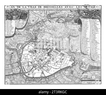 Fallito assedio di Bruxelles da parte dei francesi, 1708, Jacobus Harrewijn, 1708 - 1709 Mappa di Bruxelles, assediata senza successo dai francesi sotto Massimiliano E. Foto Stock