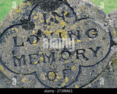 LAPIDE TOMBALE dettaglio di LAPIDE antica e antica lapide antichissima, incisa "IN MEMORIA AMOREVOLE" con lichene giallo nel cimitero della chiesa del villaggio di Surrey, Regno Unito Foto Stock