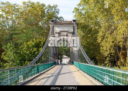 Pont suspendu de l'île Barbe. (L'île sauvage), Lione, Francia. Foto Stock