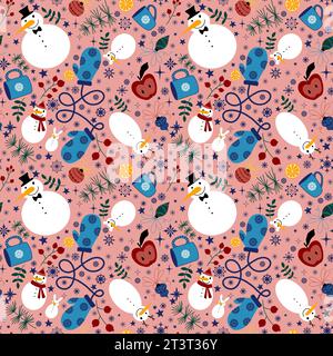 Pupazzo di neve senza cuciture e fiocchi di neve e tazza di tè e mele per confezionare carta, tessuti e biancheria e accessori per l'anno nuovo Foto Stock