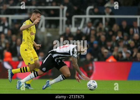 Bruno Guimaraes del Newcastle United cade dopo una sfida del Borussia Dortmund Salih Ozcan durante la partita di UEFA Champions League Group F tra Newcastle United e Borussia Dortmund a St. James's Park, Newcastle mercoledì 25 ottobre 2023. (Foto: Mark Fletcher | mi News) crediti: MI News & Sport /Alamy Live News Foto Stock