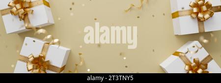 Confezione regalo bianca con sfondo legato a nastro dorato, rendering 3d. Foto Stock