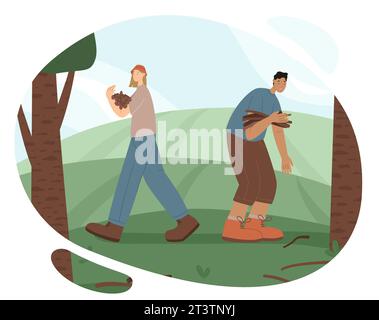 Gli escursionisti raccolgono rami asciutti per un'illustrazione del vettore antincendio. Il concetto "Travelers in the Wild". Immagine per banner Web isolati su uno sfondo bianco Illustrazione Vettoriale