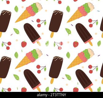 Gelato, frutta e menta senza cuciture. Corno e due tipi di gelato al cioccolato su un bastoncino. Illustrazione vettoriale in stile piatto Illustrazione Vettoriale