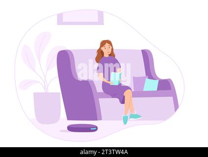Aspirapolvere robot che pulisce la stanza mentre la donna si rilassa sul divano. Accogliente soggiorno con divano, piante e quadri. Illustrazione vettoriale. IOT. Interno Illustrazione Vettoriale