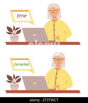 La nonna carina corregge con successo un errore nel lavorare al computer. Gli anziani lavorano con tecnologie moderne. Formazione online, lavoro remoto per el Illustrazione Vettoriale
