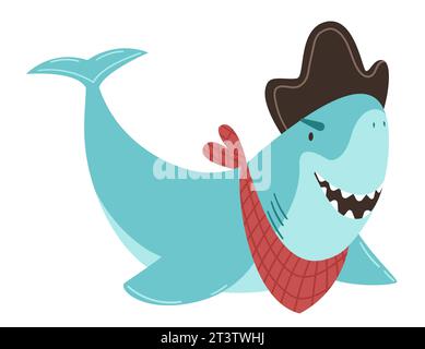 Il pirata dello squalo in cappello e sciarpa rossa. Illustrazione vettoriale per prodotti e design per neonati. Cartolina, poster, invito, adesivo. Illustrazione Vettoriale
