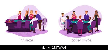 Casinò, casa da gioco, set vettoriale piatto. Uomini e donne allegri con personaggi vestiti. Persone che giocano a poker e illustrazioni di roulette. Casinò interno a dicembre Illustrazione Vettoriale