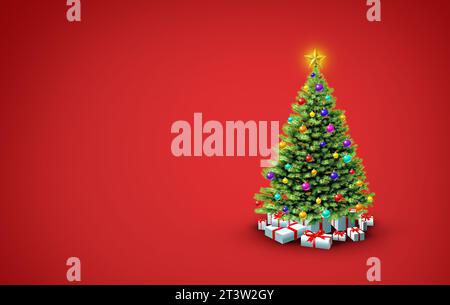 Albero di Natale verde su sfondo rosso come felice anno nuovo con decorazioni e scatole di regali come illustrazione 3D. Foto Stock