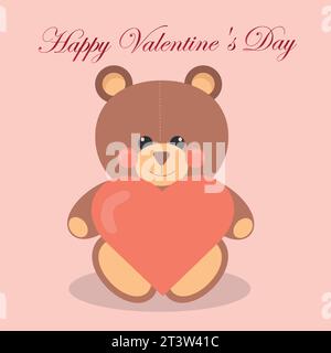 Divertente personaggio Teddy che tiene le zampe di un grande cuore. Il concetto di San Valentino. illustrazione vettoriale piatta isolata su sfondo bianco Illustrazione Vettoriale
