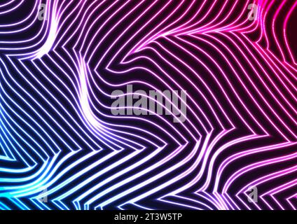 Design grafico astratto e futuristico con linee rifratte ondulate al neon blu viola. Background tecnologico curve 3d Flowing Waves. Illustrazione vettoriale Illustrazione Vettoriale