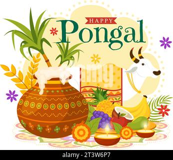 Happy Pongal Vector Illustration of Traditional Tamil Nadu India Festival Celebration with Sugarcane and Plate of Religious Props in Flat background Illustrazione Vettoriale