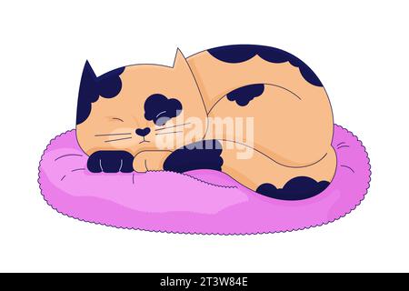 Gatto maculato pigro che dorme sul cuscino personaggio dei cartoni animati lineari 2D. Illustrazione Vettoriale