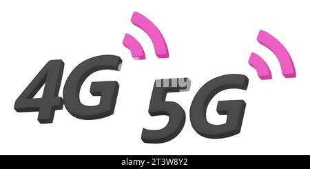Rendering 3D di segnali 4G, 5G, connessione wireless dati ad alta velocità cellulare. Illustrazioni vettoriali 3d realistiche su sfondo bianco. Illustrazione Vettoriale