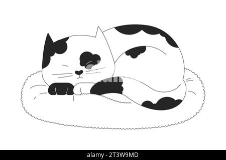 Gatto maculato pigro che dorme sul cuscino personaggio dei cartoni animati in 2D in bianco e nero Illustrazione Vettoriale