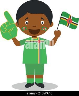 Tifoso della nazionale Dominica con bandiera e guanto Vector Illustration Illustrazione Vettoriale