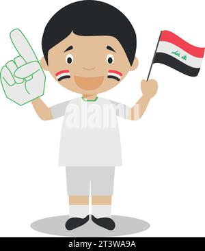 Tifoso della nazionale irachena con bandiera e guanto Vector Illustration Illustrazione Vettoriale