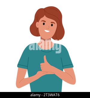Donna sorda e muta su sfondo bianco. La persona comunica nel linguaggio dei segni. Un adulto impara il linguaggio dei segni per i non udenti disabili. Illustrazione Vettoriale
