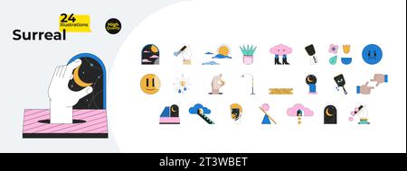 Il surrealismo sogna il pacchetto di oggetti concettuali di cartoni animati lineari 2D. Illustrazione Vettoriale