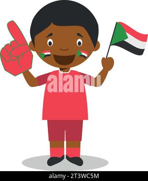 Tifoso della nazionale sudanese con bandiera e guanto Vector Illustration Illustrazione Vettoriale