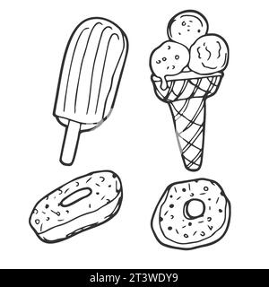 Set di doodle disegnati a mano con diversi tipi di gelato: Cono cialde, tazza di gelato, ghiacciolo, sundae. Illustrazione vettoriale dello stile di schizzo Illustrazione Vettoriale