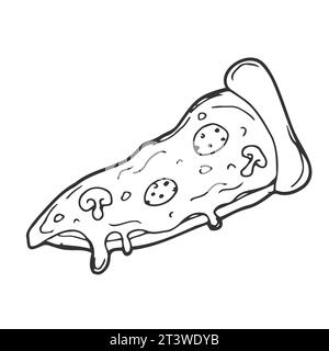 Illustrazione Vettoriale. Trancio di pizza con formaggio fuso e salsiccia per pizza. Disegnata a mano scarabocchio. Cartoon sketch. Decorazione per biglietti di auguri, poster, emblemi Illustrazione Vettoriale