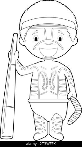 Simpatici personaggi dei cartoni animati australiani (aborigeni) vestiti in modo tradizionale con didgeridoo. Illustrazione vettoriale. Illustrazione Vettoriale