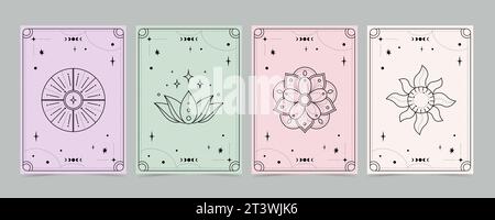 Set di carte Tarocchi: Design esoterico e mistico del mazzo con simboli spirituali. Modello di illustrazione vettoriale, stile boho Illustrazione Vettoriale