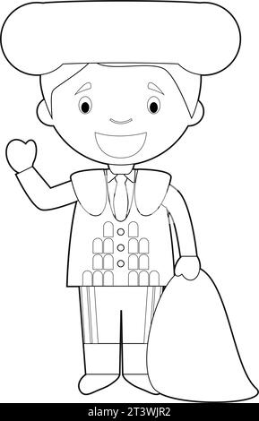 Un simpatico personaggio dei cartoni animati spagnolo, vestito in modo tradizionale come un bullfighter. Illustrazione vettoriale. Illustrazione Vettoriale