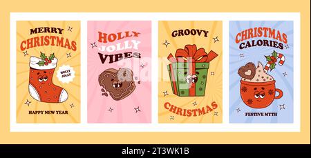 I poster di Natale di Groovy impostano il vettore. Personaggi dei cartoni animati retrò, cuore di pan di zenzero, calza di Natale, regalo e tazza di cioccolata calda rossa. Poster di Capodanno Vibes. TR Illustrazione Vettoriale