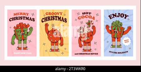 Set di poster di Natale. Personaggi dei cartoni animati retrò palla albero di Capodanno, tazza rossa di cioccolata calda e divertente regalo. Biglietti d'auguri vettoriali Vibes. Simpatica mascotte Illustrazione Vettoriale