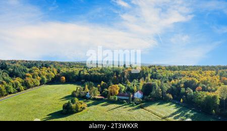 Veduta aerea di una casa residenziale con edifici annessi su un prato ben tenuto nella Foresta Autumnale con Vaste Sky e Vista Orizzonte Foto Stock