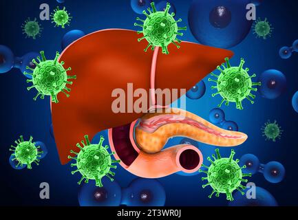 Fegato umano con virus dell'epatite. illustrazione 3d. Foto Stock
