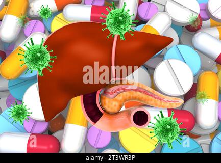 Terapia nutrizionale medica per l'epatite virale. rendering 3d. Foto Stock