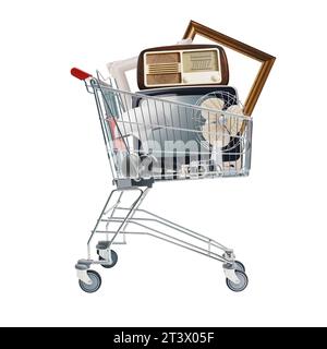 Carrello pieno di vecchi elettrodomestici e decorazioni vintage: Shopping, vendita e concetto di vendita al dettaglio Foto Stock