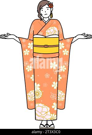 Hatsumode alle cerimonie di Capodanno e di maturità, alle cerimonie di laurea, ai matrimoni, ecc., donna in furisode nei guai a scrollarsi le spalle e le S. Illustrazione Vettoriale