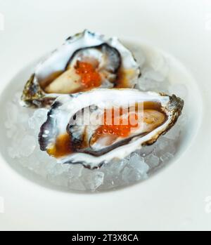 Porzione gourmet di due ostriche dal Mediterraneo europeo Foto Stock