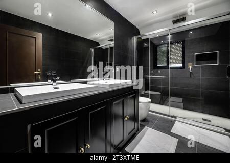 Bagno piastrellato in ardesia nera con ampio box doccia in vetro, armadio in legno nero, Foto Stock