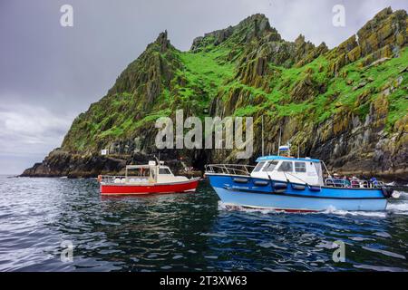 Porto di sbarco dei visitatori, isola di Skellig Michael, Mainistir Fhionáin (Monastero di St. Fionans), contea di Kerry, Irlanda, Regno Unito. Foto Stock