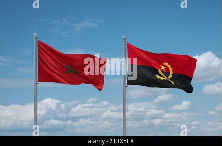 Le bandiere del Marocco e dell'Angola sventolano insieme al vento su un cielo nuvoloso blu Foto Stock