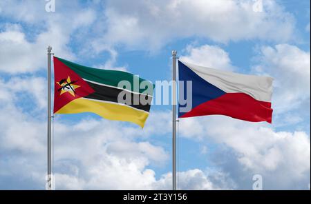 Repubblica Ceca e Mozambico bandiere che sventolano insieme sul cielo nuvoloso blu, concetto di relazione tra due paesi Foto Stock