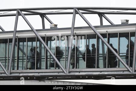 Stoccarda, Germania. 27 ottobre 2023. I passeggeri entrano nella sala degli arrivi dell'aeroporto di Stoccarda. Le vacanze autunnali iniziano a Baden-Württemberg. Crediti: Bernd Weißbrod/dpa/Alamy Live News Foto Stock