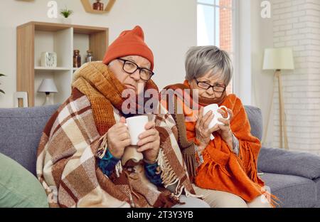 Coppia anziana seduta in una coperta che cerca di riscaldarsi con una tazza di tè caldo. Foto Stock