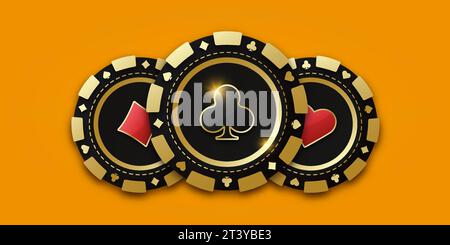 Trio di chip o gettone da gioco. Moneta da gioco con mazze da gioco. Chip da gioco realistico con la tuta dei club al centro, gettoni da gioco. Banner per Illustrazione Vettoriale