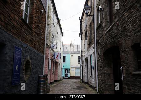 Serie Mevagissey in Cornovaglia - strada acciottolata tradizionale ombreggiata stretta Foto Stock