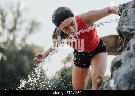 Ragazza attiva che si prende una pausa rinfrescante nel parco, lavando il viso e bevendo acqua. Foto Stock