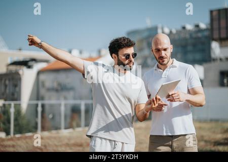 Architetti di successo che discutono di progettazione di edifici moderni all'aperto Foto Stock